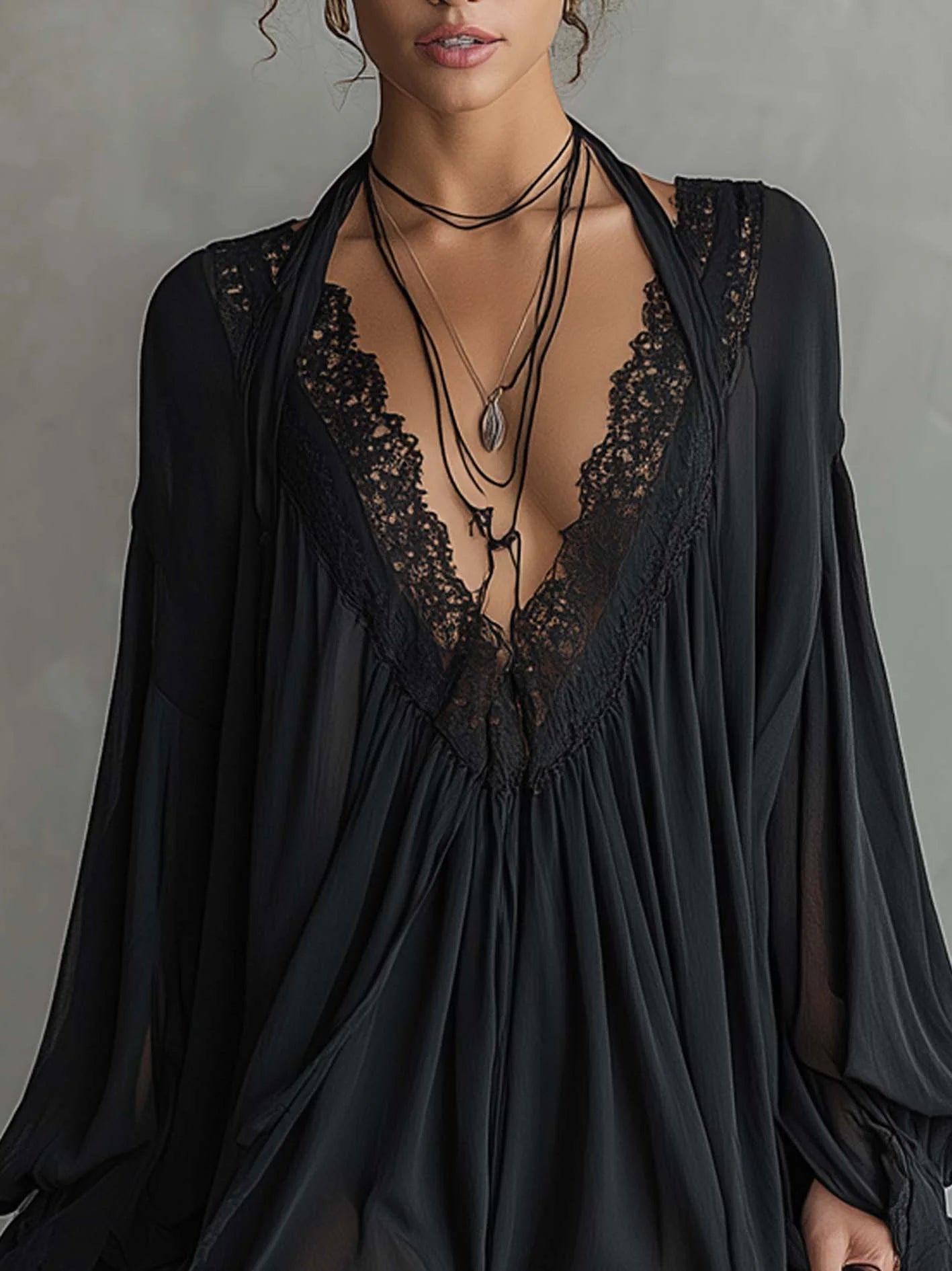 Noirelleโข โ Flowy Chiffon Halter Mini Dress with Lace Neckline + 50% OFF