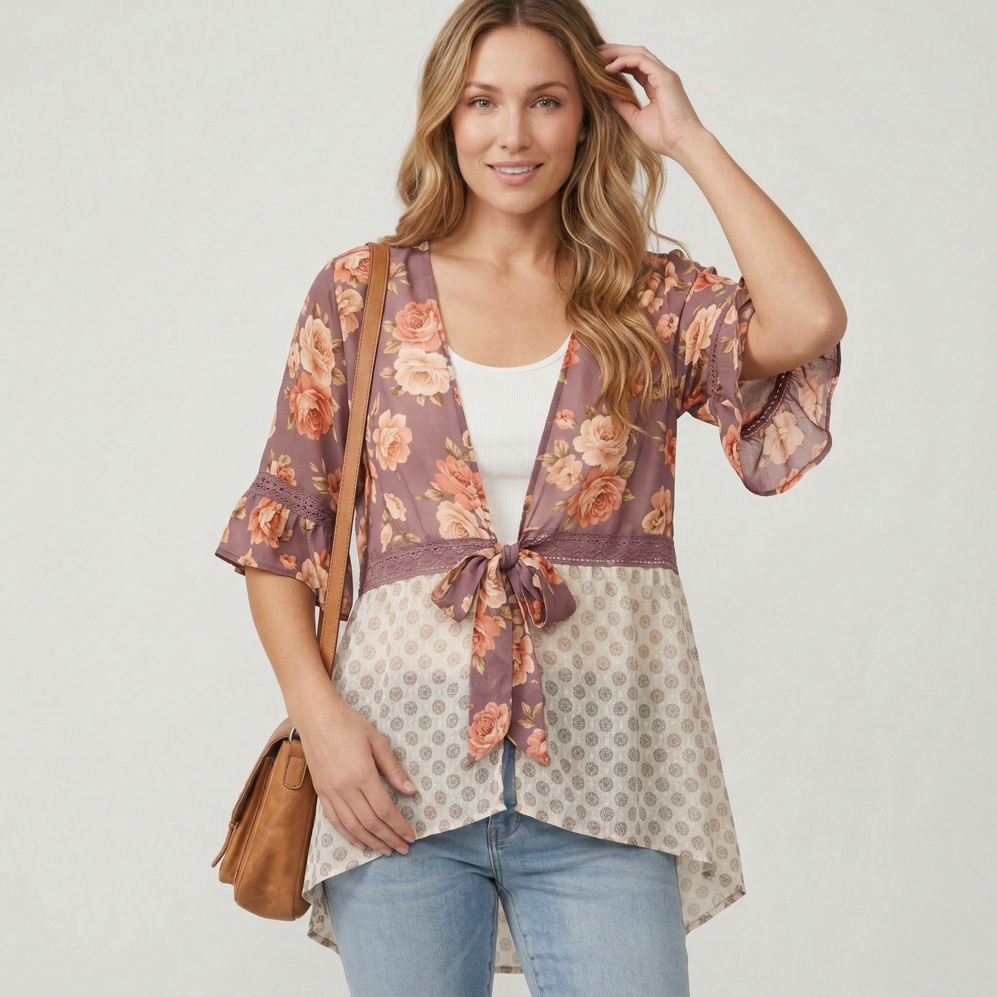 Ruffelleโข โ Floral Patchwork Ruffle Sleeve Boho Kimono Cardigan + 50% OFF