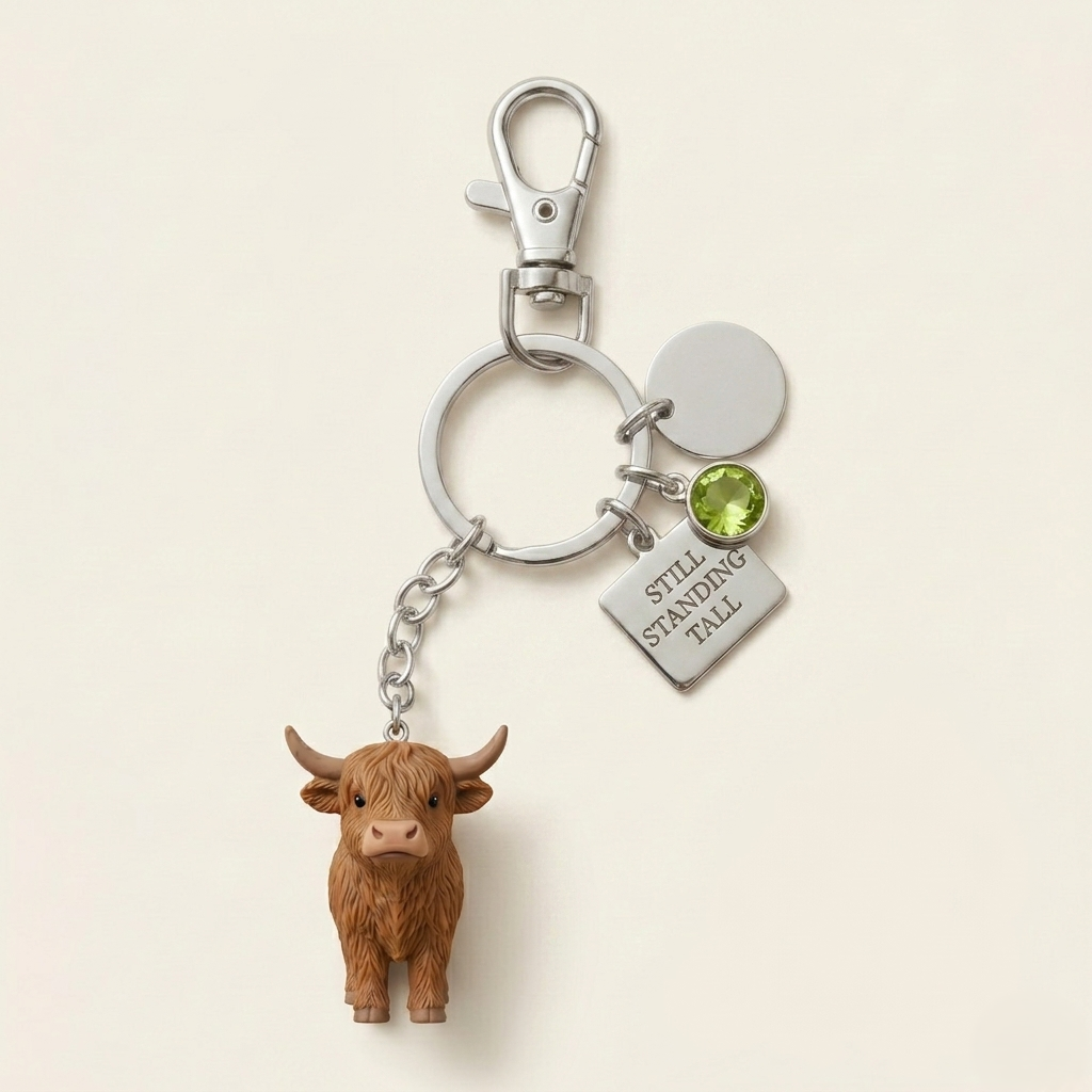 Thistledownโข โ Highland Cow Keychain With "Still Standing Tall" Charm & Sentiment Card + 50% OFF