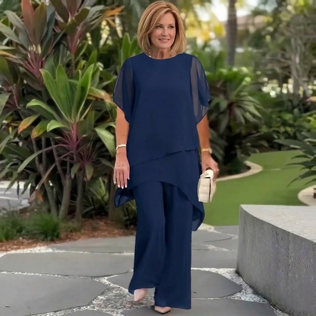 Cascelleโข โ Layered Asymmetric Top & Wide-Leg Pants Women's 2-Piece Set + 50% OFF