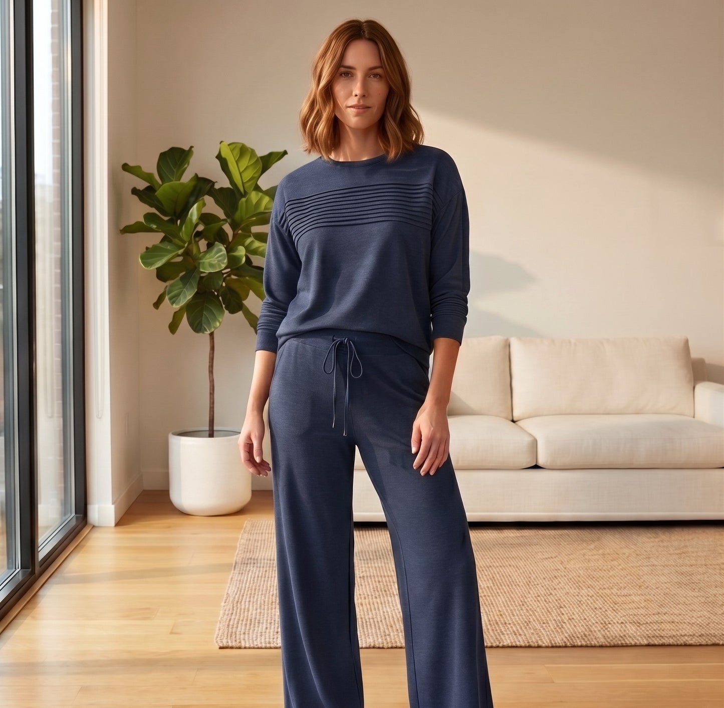 Sofrelโข โ Soft Pleated 2-Piece Lounge Set for Women | Long Sleeve Top & Wide-Leg Drawstring Pants + 50% OFF
