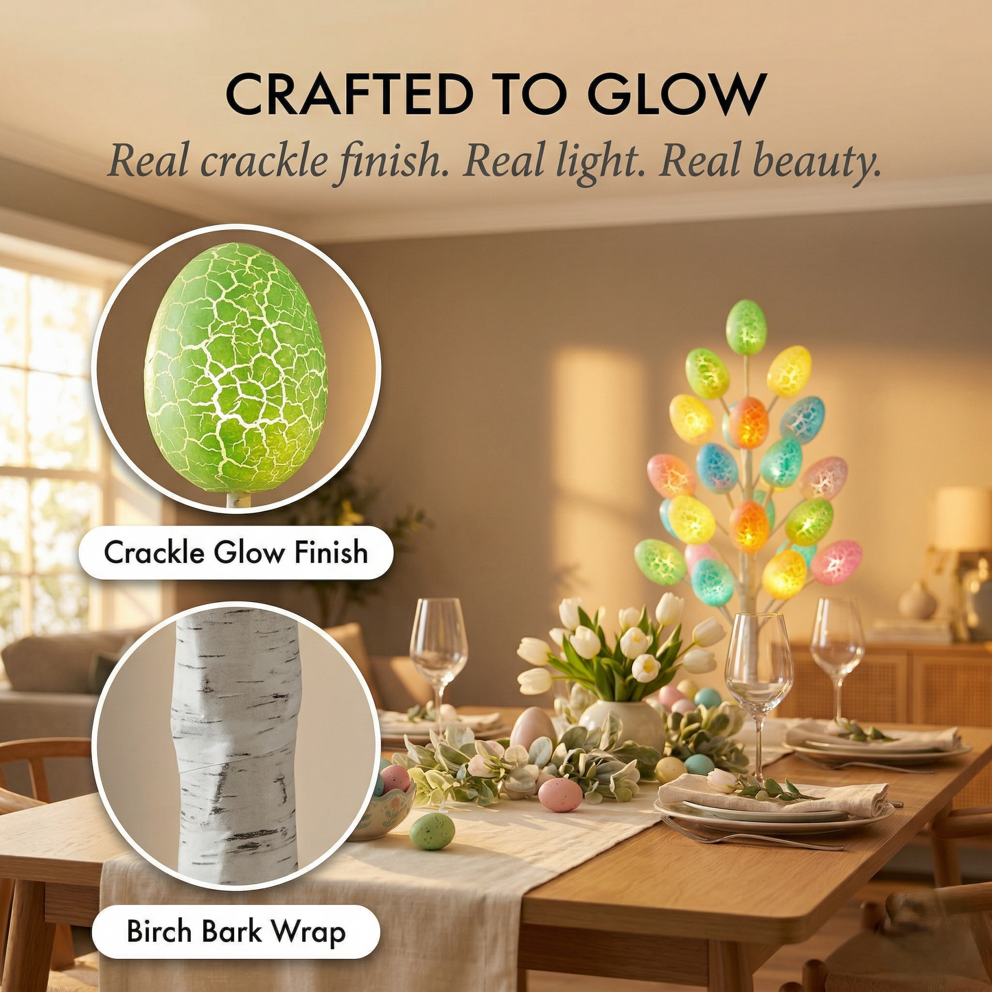 Birchglow™ – LED Easter Egg Tree with 24 Glowing Crackle Eggs, Warm Light Tabletop Birch Décor +50% OFF