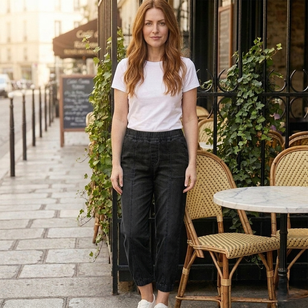 Hemwayโข โ Elastic Waist, Cropped Leg, Relaxed Fit Women's Denim Jogger Jeans + 50% OFF