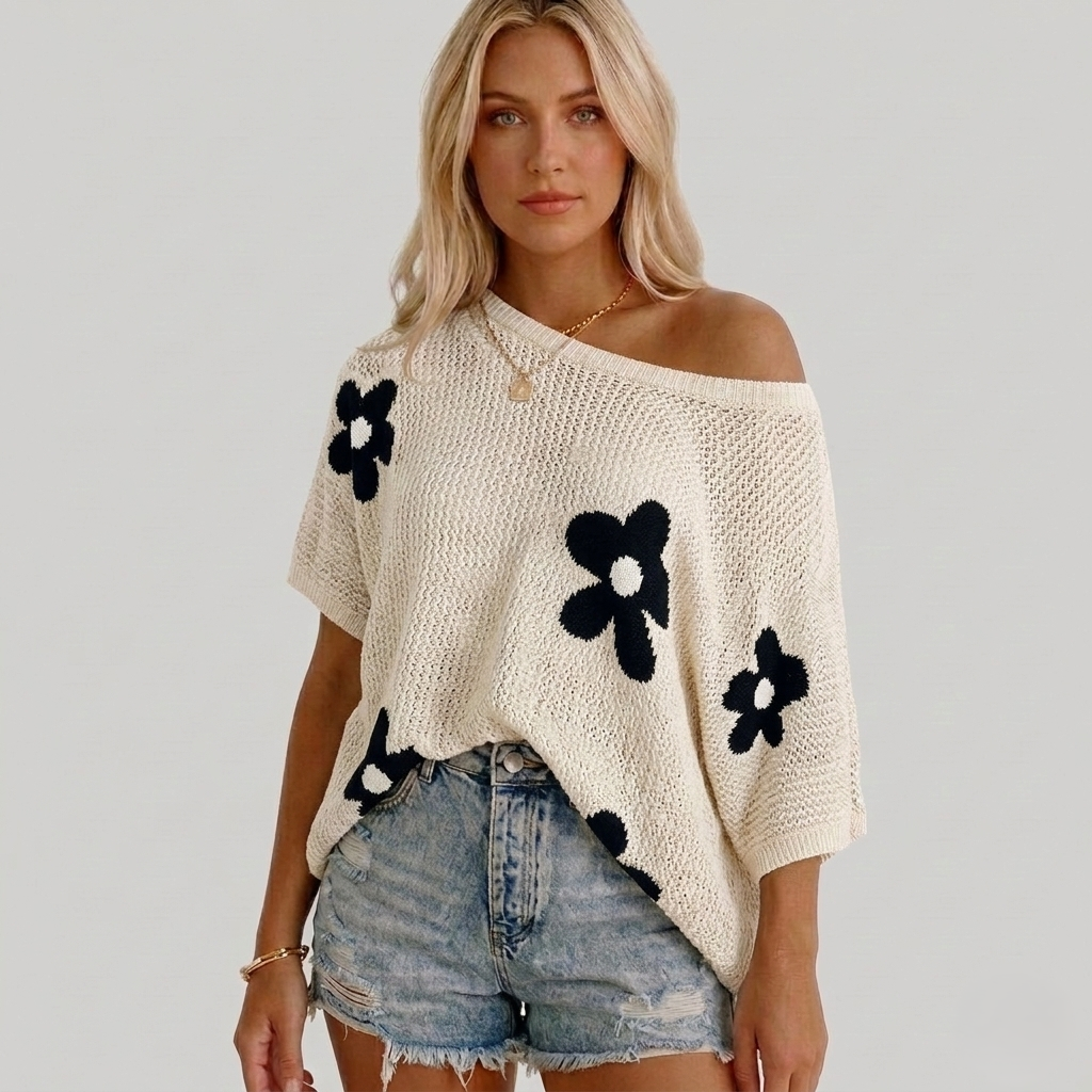 Bloomdriftโข โ Floral Crochet Knit Open-Weave Pullover Top + 50% OFF