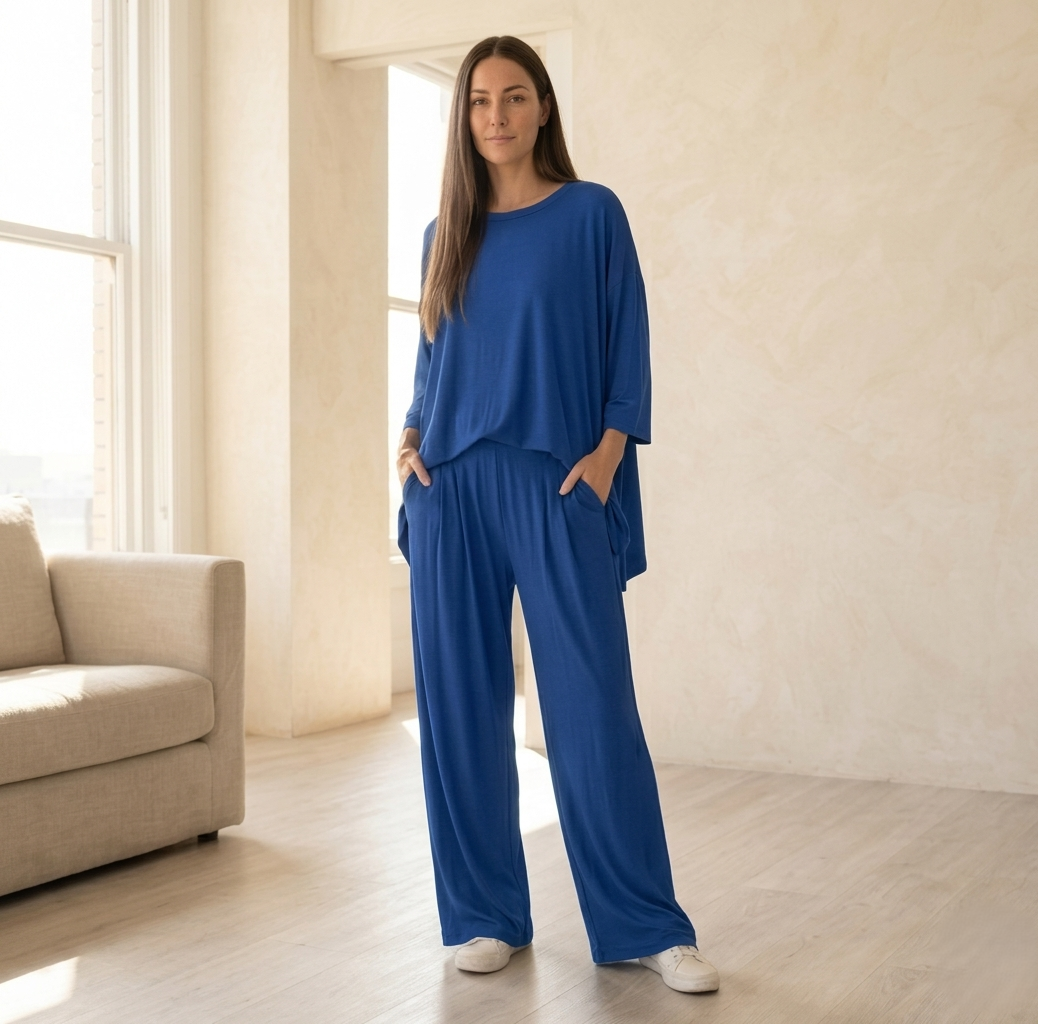 Lusharaโข โ Soft Pleated Two-Piece Lounge Set | Round Neck Top & Wide-Leg Pants +50% OFF