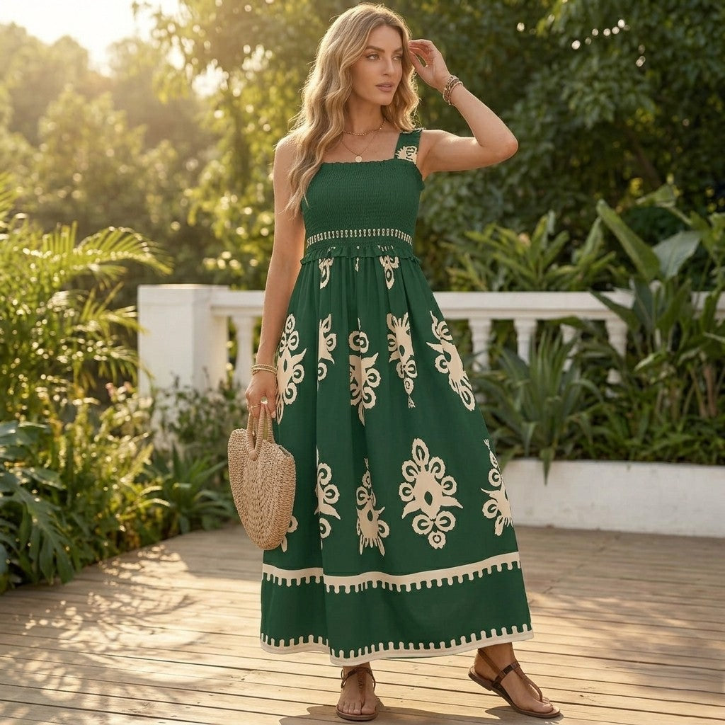Solaireโข โ Smocked Boho Maxi Dress with Pockets, A-Line Tiered Skirt + 50% OFF