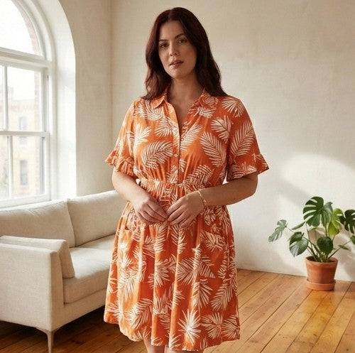 Sundropโข โ Soft Printed Short Sleeve Button Down Babydoll Dress with Pockets + 50% OFF