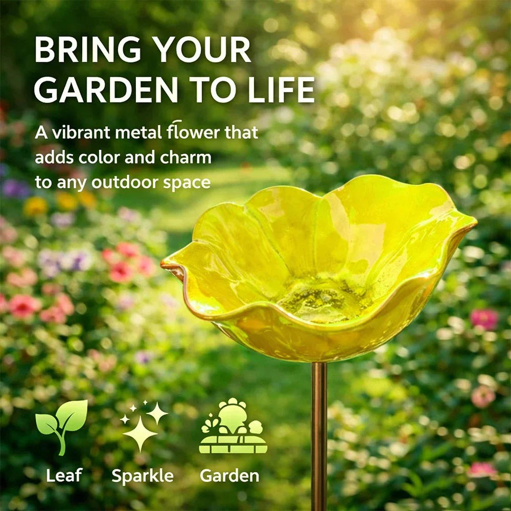 Bramblewellโข โ Handmade Metal Flower Stake with Bird Bath & Pollinator Bowl + 50% OFF