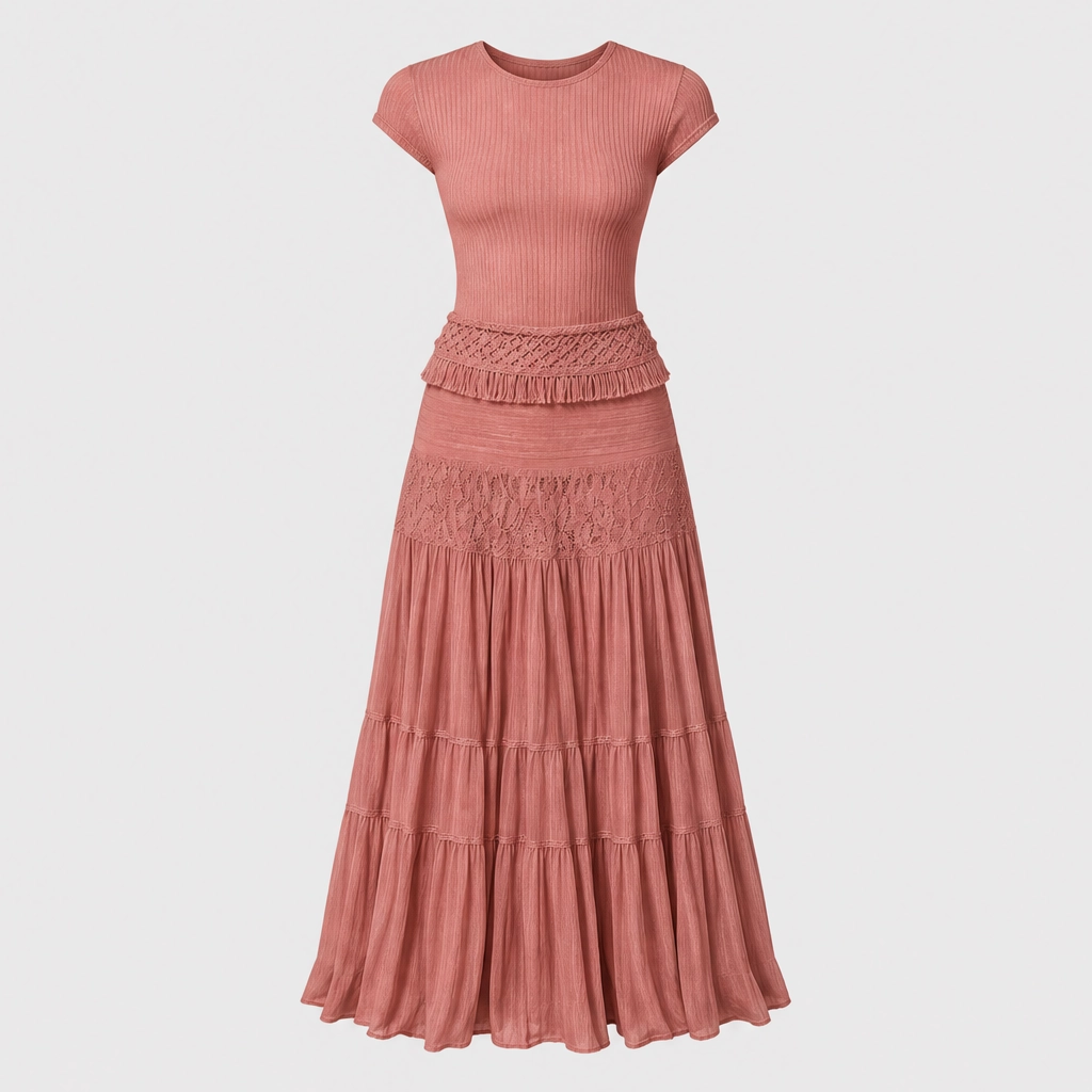 Azurelleโข โ Lace-Panelled Top & Pleated Chiffon Maxi Skirt Set + 50% OFF