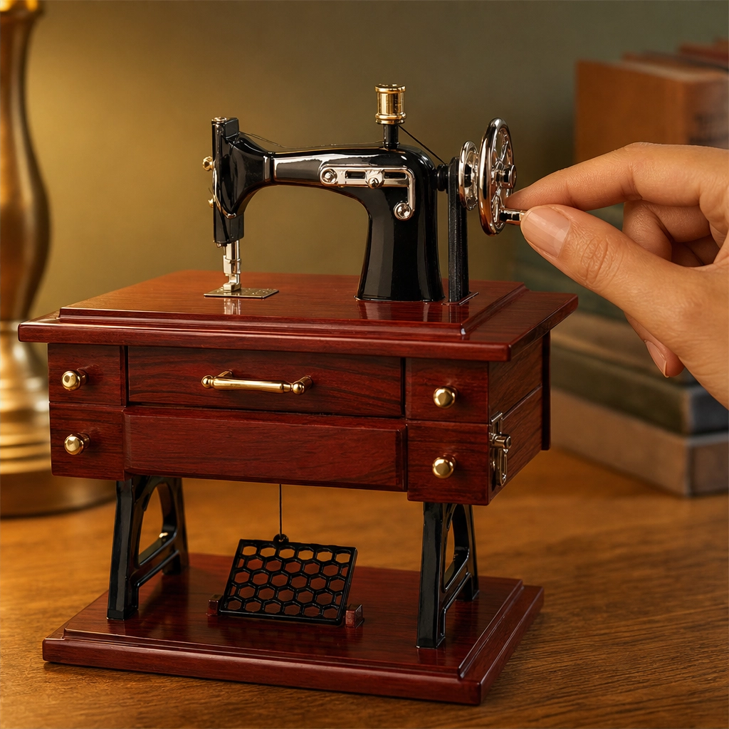 Threadwellโข โ Vintage Sewing Machine Music Box with Moving Parts & Drawer Melody + 50% OFF