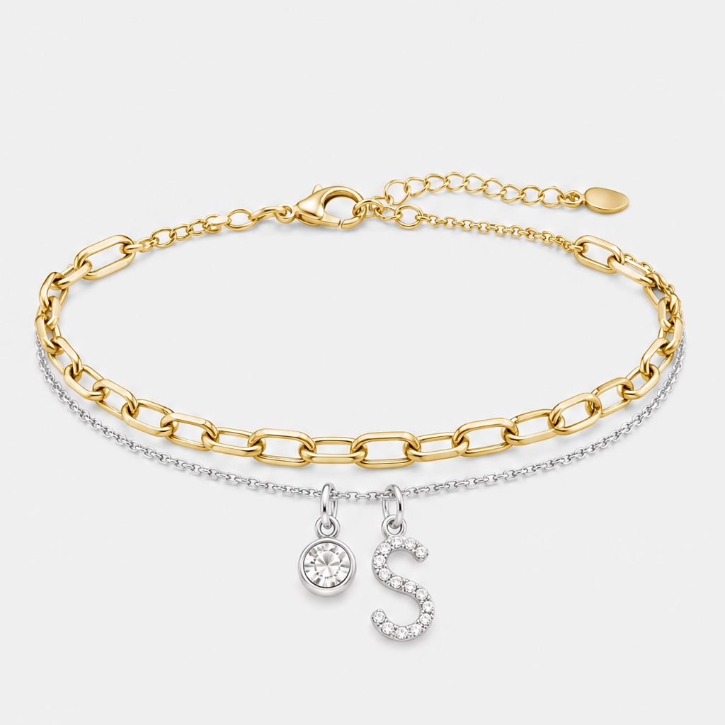 Haloraโข โ Layered Gold Anklet with Rhinestones & Letter Charm (A-Z) + Buy 1 Get 1 FREE