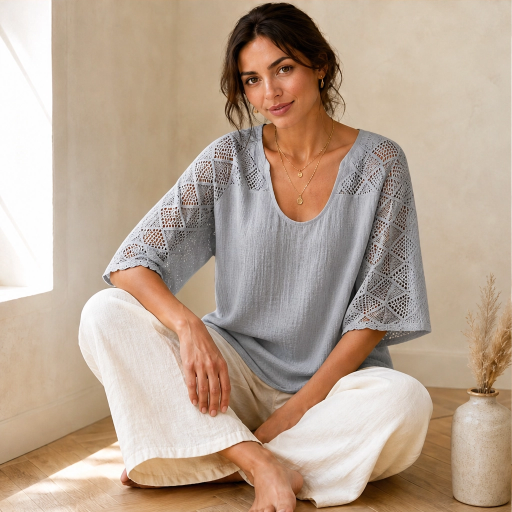 Brisaโข โ Lace Openwork U-Neck Short-Sleeve Blouse + 50% OFF