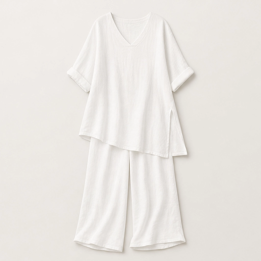 Drapelleโข โ Breathable Cotton-Linen V-Neck Tunic & Wide-Leg Trouser Set + 50% OFF
