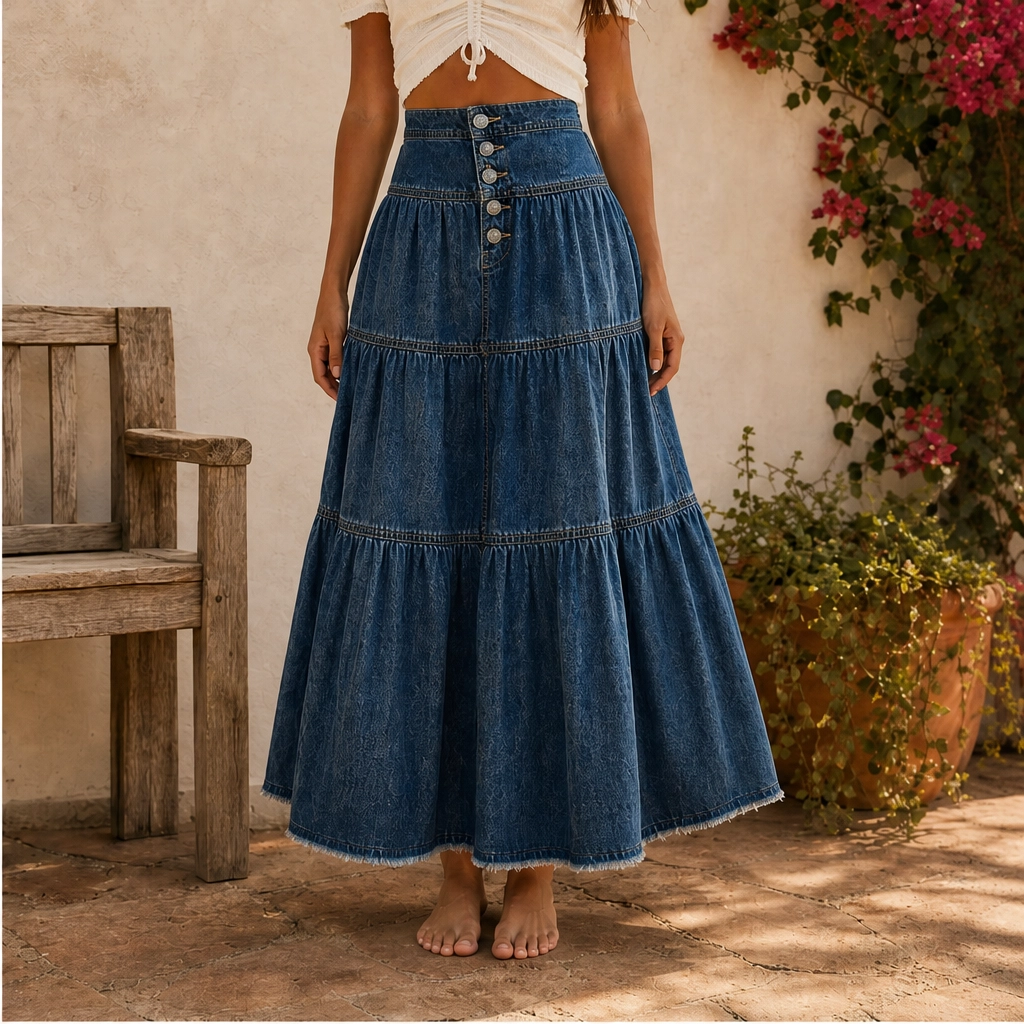 Verenaโข โ High-Waisted Tiered A-Line Denim Maxi Skirt + 50% OFF