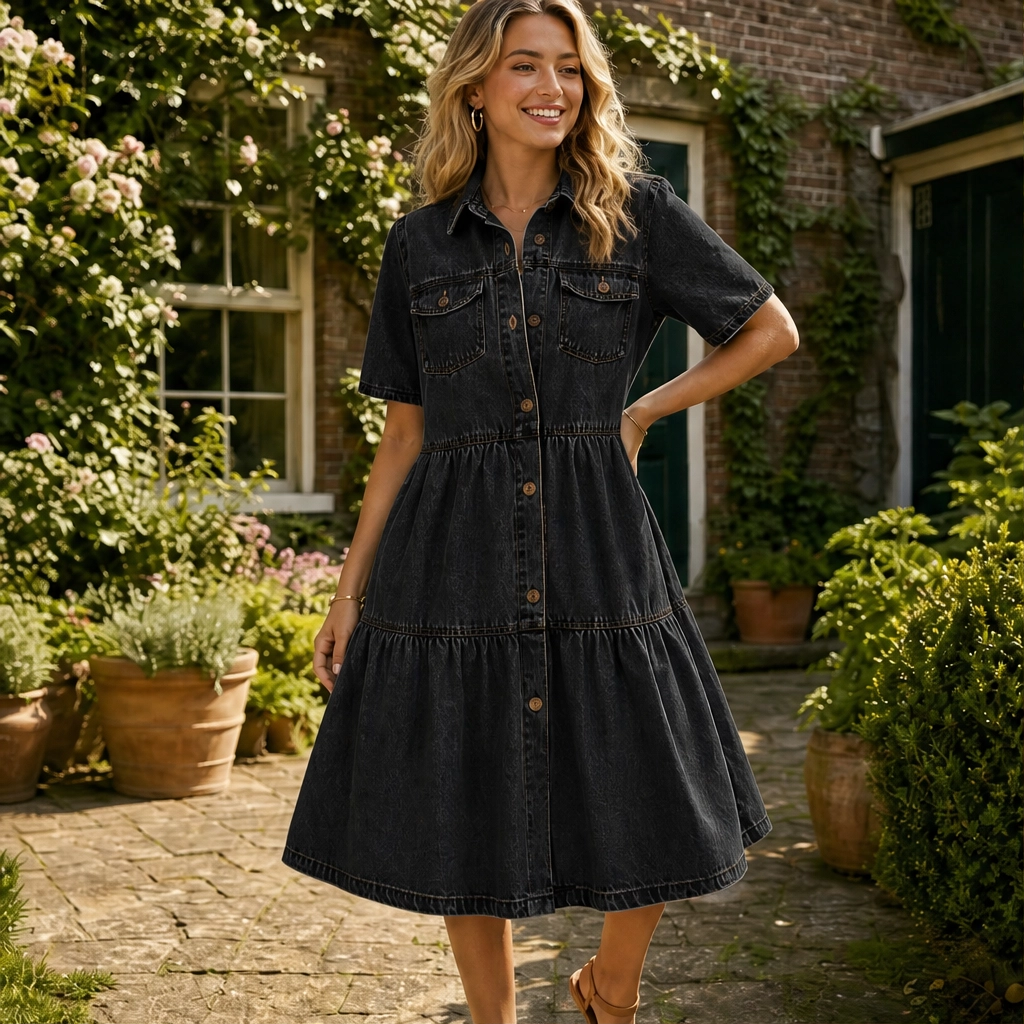 Vereneโข โ Collared Button-Front Layered Midi Dress + 50% OFF