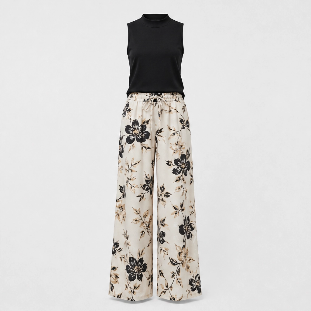 Maison Drapeโข โ Mock Neck Tank & Wide-Leg Printed Trouser Set +50% OFF