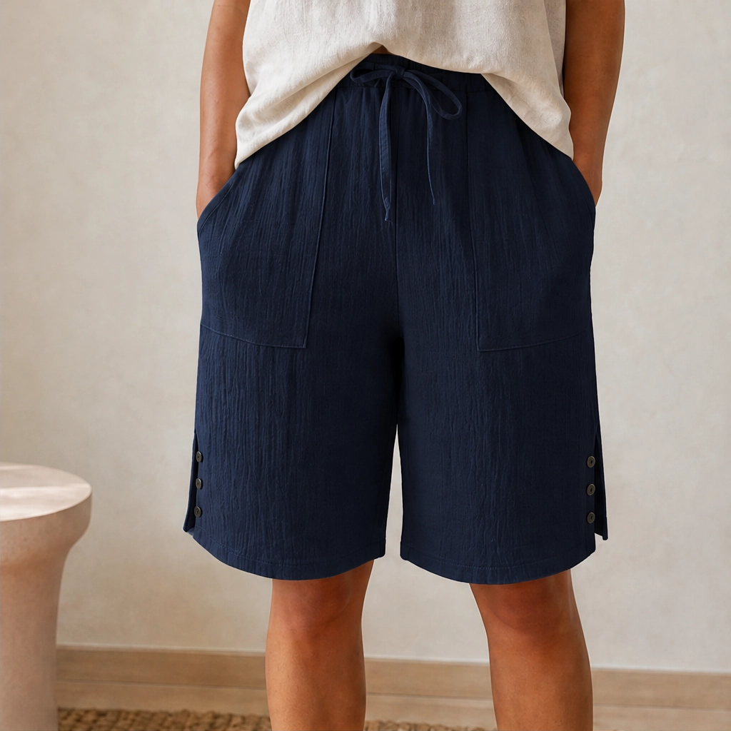 Driftwellโข โ Side-Button Cotton Blend Knee-Length Shorts + 50% OFF
