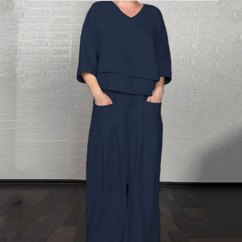 Willowmereโข โ Asymmetric Cotton-Linen V-Neck Top & Wide-Leg Trouser Set + 50% OFF