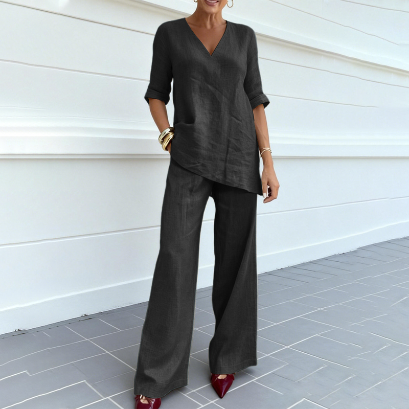 Linelleโข โ Breathable Cotton-Linen V-Neck Tunic & Wide-Leg Pant Set + 50% OFF
