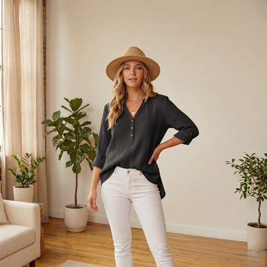 Brezelle™ – Soft Gauze V-Neck Oversized Button-Down Blouse for Women + 50% OFF