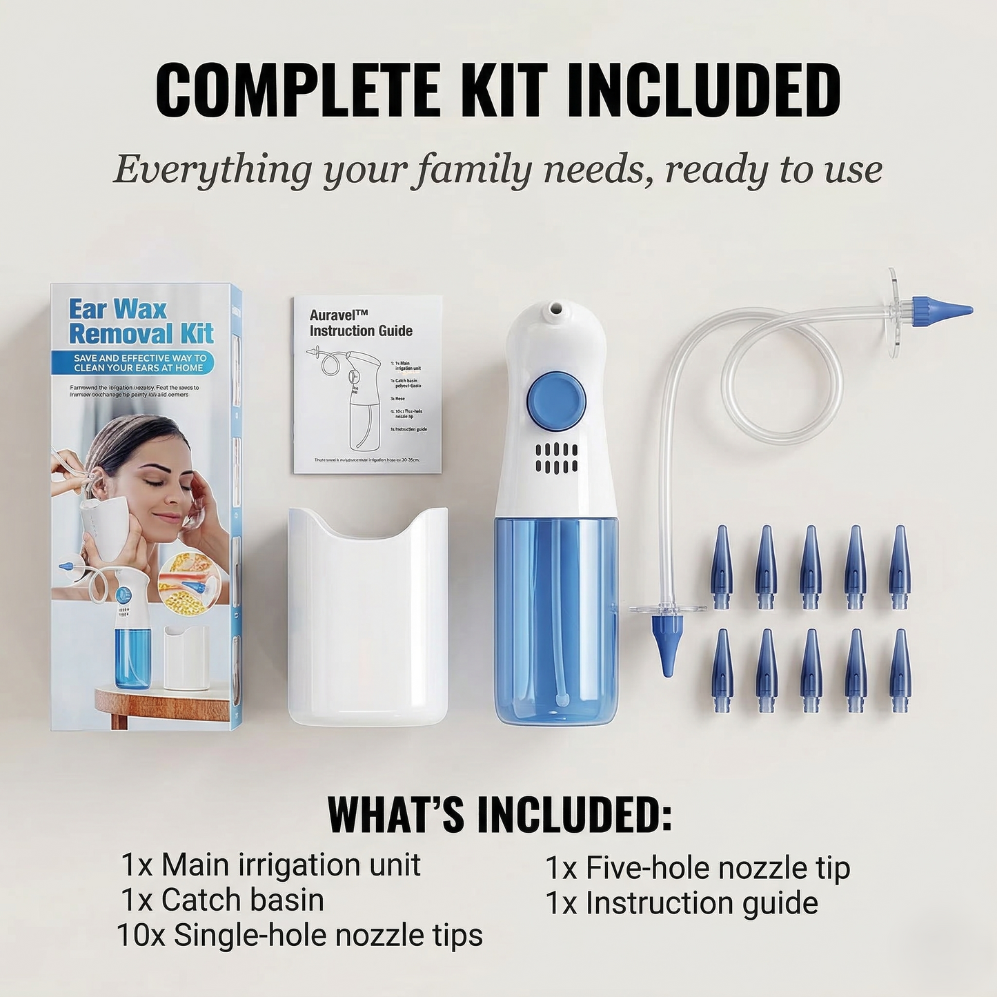 Auravel™ – Safe Water Irrigation Ear Wax Removal Kit with Replaceable Nozzles + 50% OFF