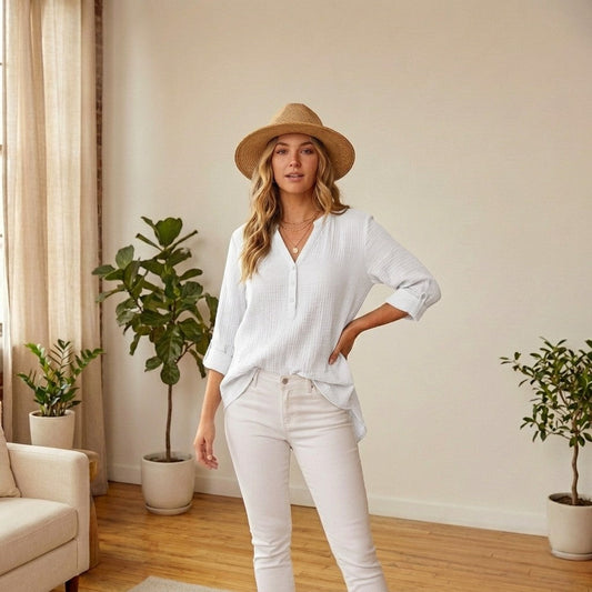 Brezelle™ – Soft Gauze V-Neck Oversized Button-Down Blouse for Women + 50% OFF