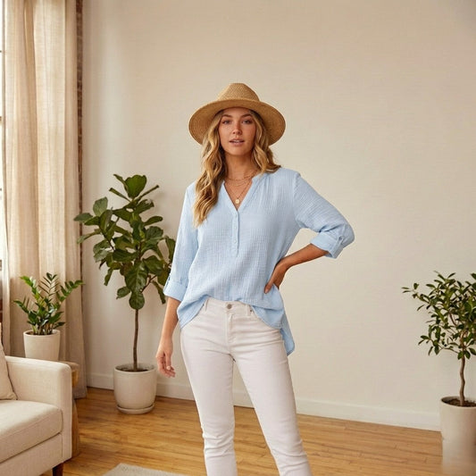 Brezelle™ – Soft Gauze V-Neck Oversized Button-Down Blouse for Women + 50% OFF