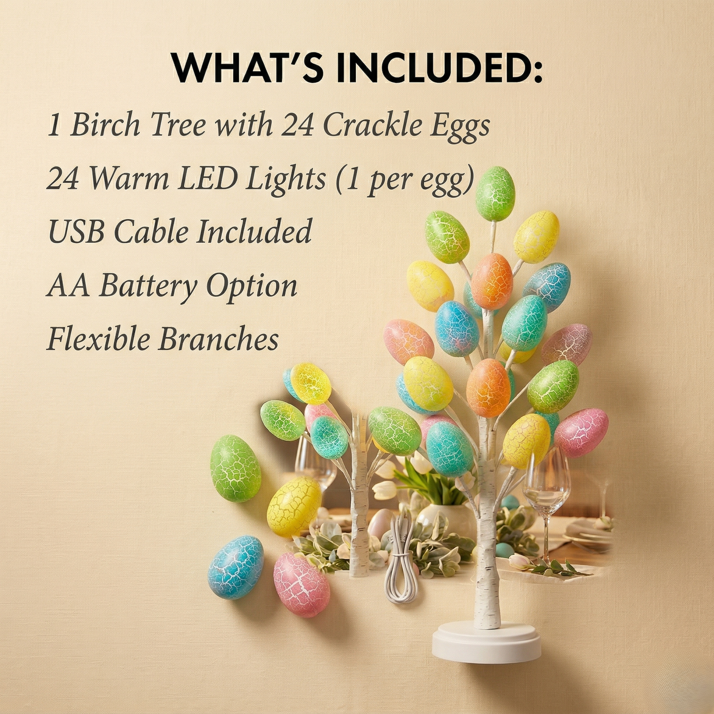 Birchglow™ – LED Easter Egg Tree with 24 Glowing Crackle Eggs, Warm Light Tabletop Birch Décor +50% OFF
