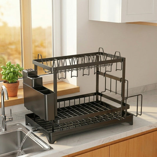 Rackford™ – 2-Tier Dish Drying Rack with 360° Rotating Drain & Expandable Design + 50% OFF