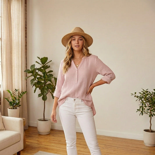 Brezelle™ – Soft Gauze V-Neck Oversized Button-Down Blouse for Women + 50% OFF