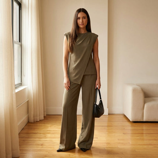 Plennoir™ – Asymmetric Draped Top & Wide-Leg Pants Two-Piece Set + 50% OFF