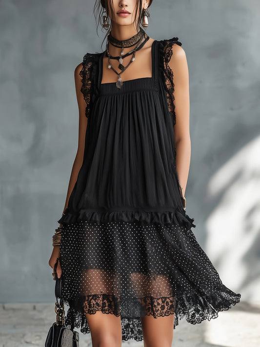 Velloura™ – Sheer Polka Dot Lace-Trim Mini Dress + 50% OFF