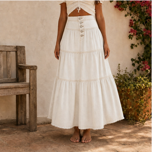Verena™ – High-Waisted Tiered A-Line Denim Maxi Skirt + 50% OFF