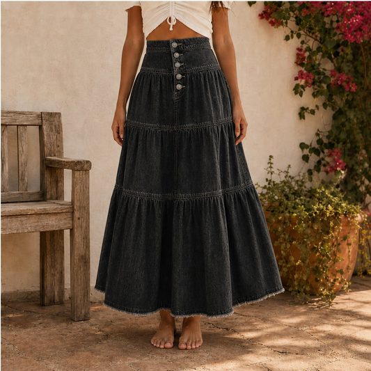 Verena™ – High-Waisted Tiered A-Line Denim Maxi Skirt + 50% OFF