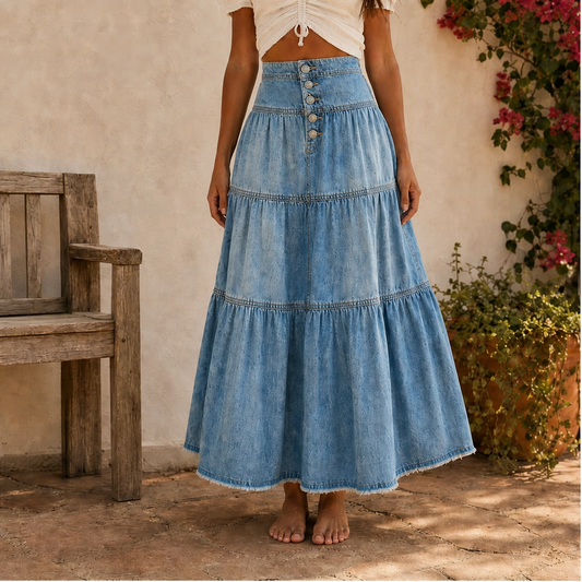 Verena™ – High-Waisted Tiered A-Line Denim Maxi Skirt + 50% OFF