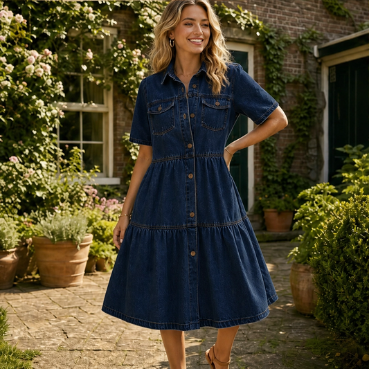 Verene™ – Collared Button-Front Layered Midi Dress + 50% OFF