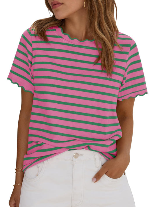Scallise™ – Scalloped Neck & Sleeve Striped T-Shirt + 50% OFF