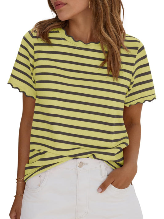 Scallise™ – Scalloped Neck & Sleeve Striped T-Shirt + 50% OFF