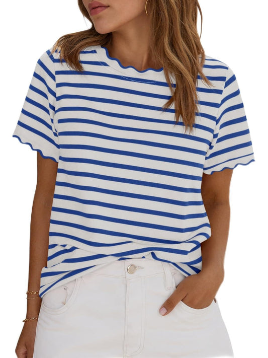 Scallise™ – Scalloped Neck & Sleeve Striped T-Shirt + 50% OFF