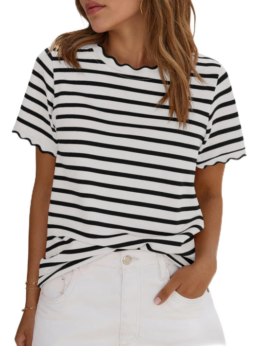 Scallise™ – Scalloped Neck & Sleeve Striped T-Shirt + 50% OFF