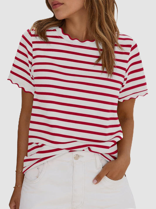 Scallise™ – Scalloped Neck & Sleeve Striped T-Shirt + 50% OFF