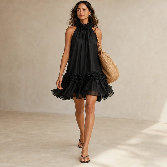 Soirelle™ – Ruffle-Neck Chiffon Sleeveless Mini Dress + 50% OFF