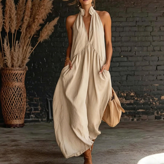 Marisol™ – Halter V-Neck Flowy Maxi Dress with Deep Side Pockets + 50% OFF