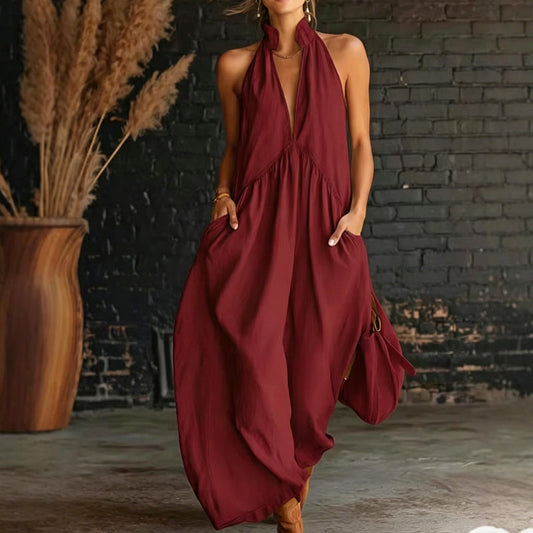 Marisol™ – Halter V-Neck Flowy Maxi Dress with Deep Side Pockets + 50% OFF