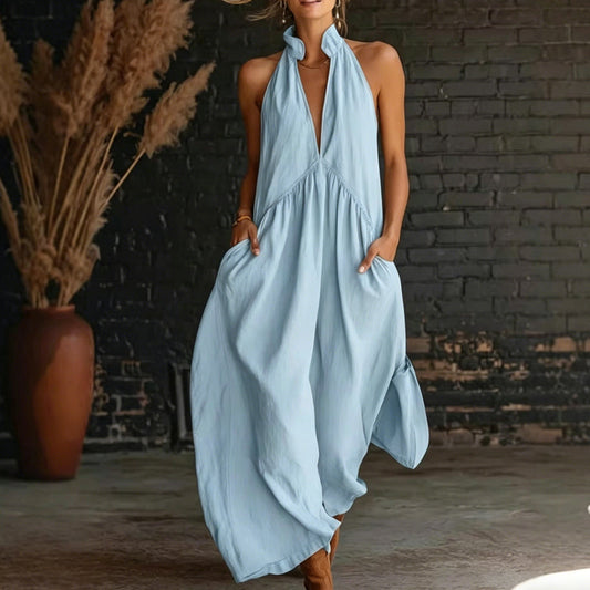 Marisol™ – Halter V-Neck Flowy Maxi Dress with Deep Side Pockets + 50% OFF
