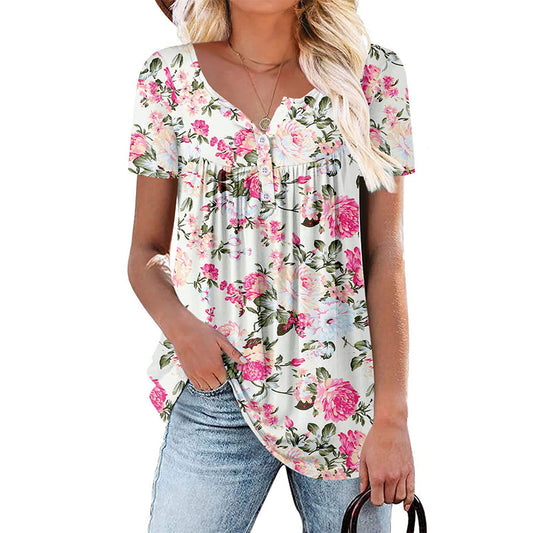 Willowmere™ – Flowy Floral Button-Up Short-Sleeve Tee + 50% OFF